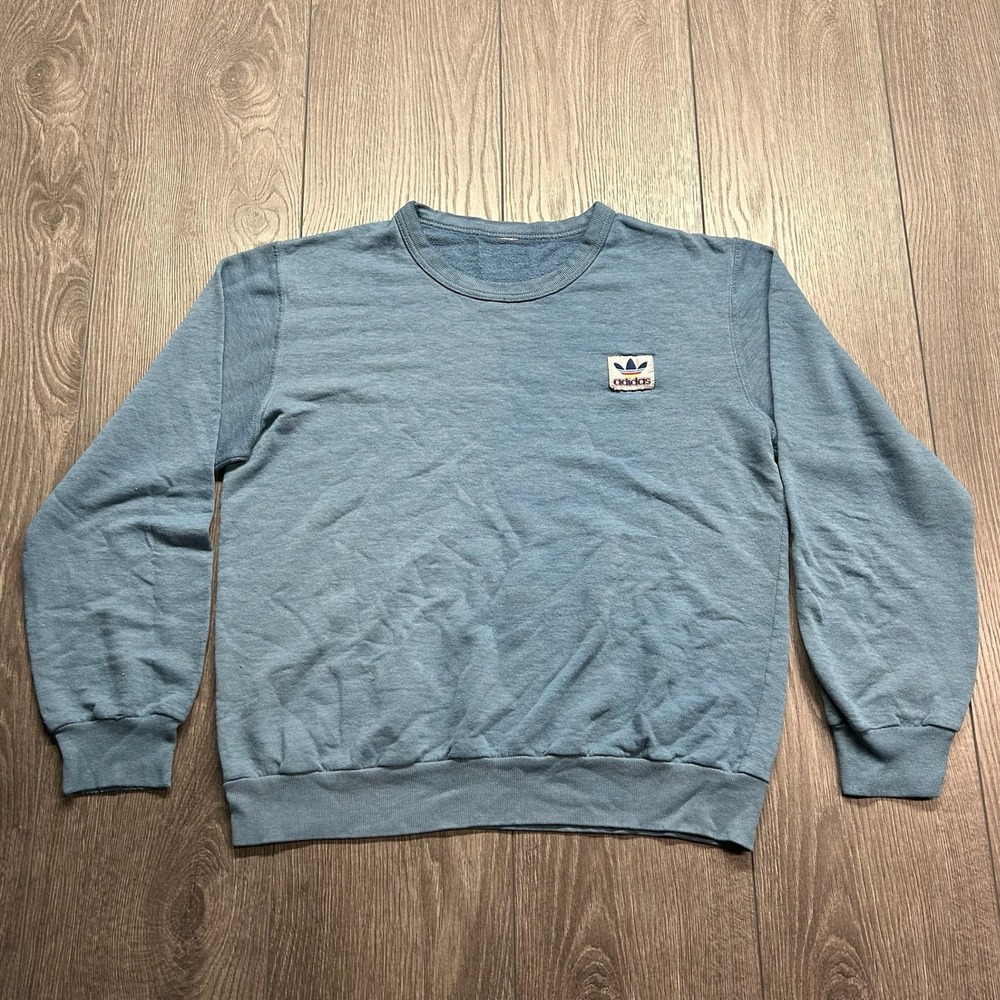 Vintage 80s Adidas Trefoil Logo Small Sweatshirt Blue Thin Mens Gym Workout